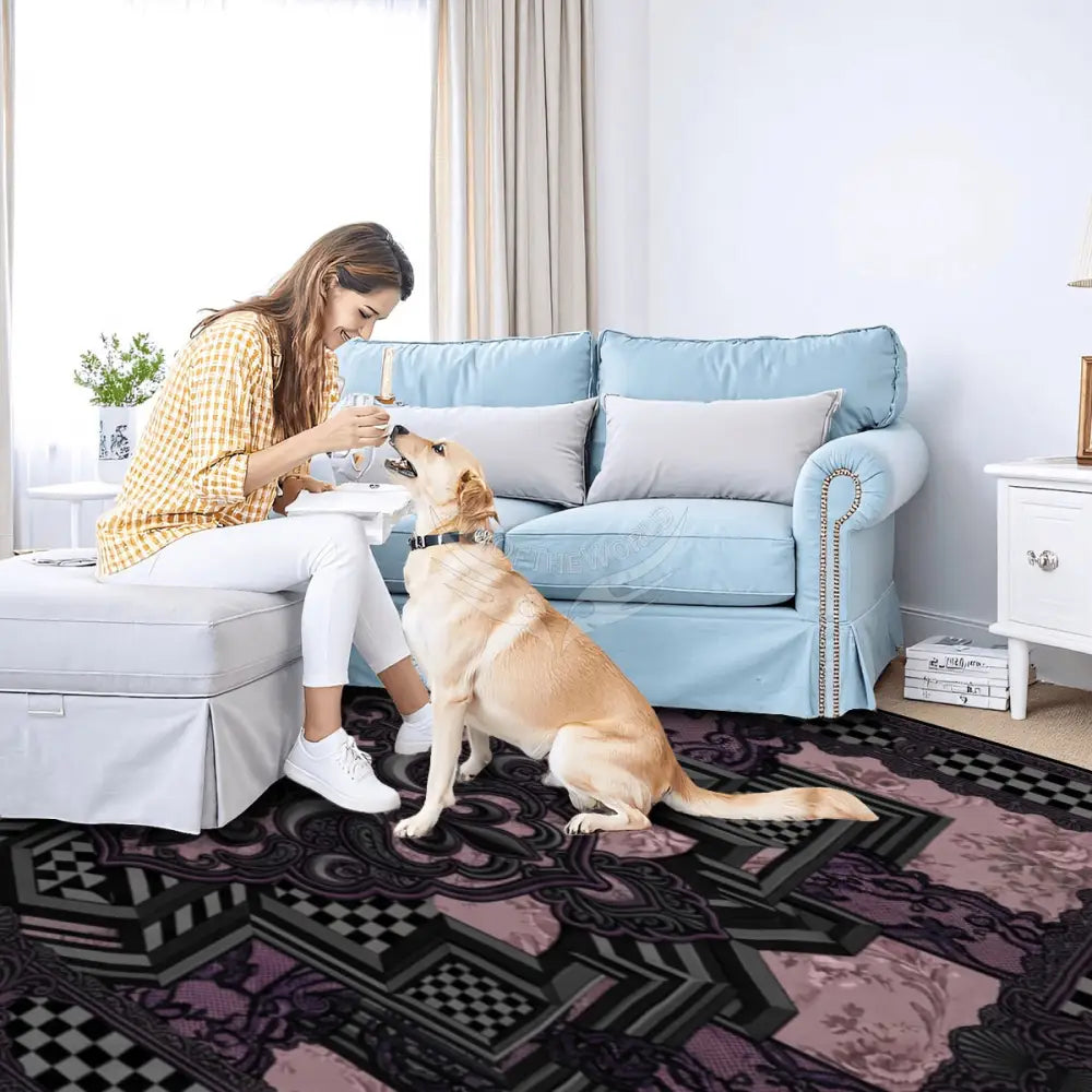 Black Lace and Pink Floral 3D Patch Checkerboard 10 ft x 8 ft Large Area Rug Floor Carpet 120’’x96’’ Rugs & Mats