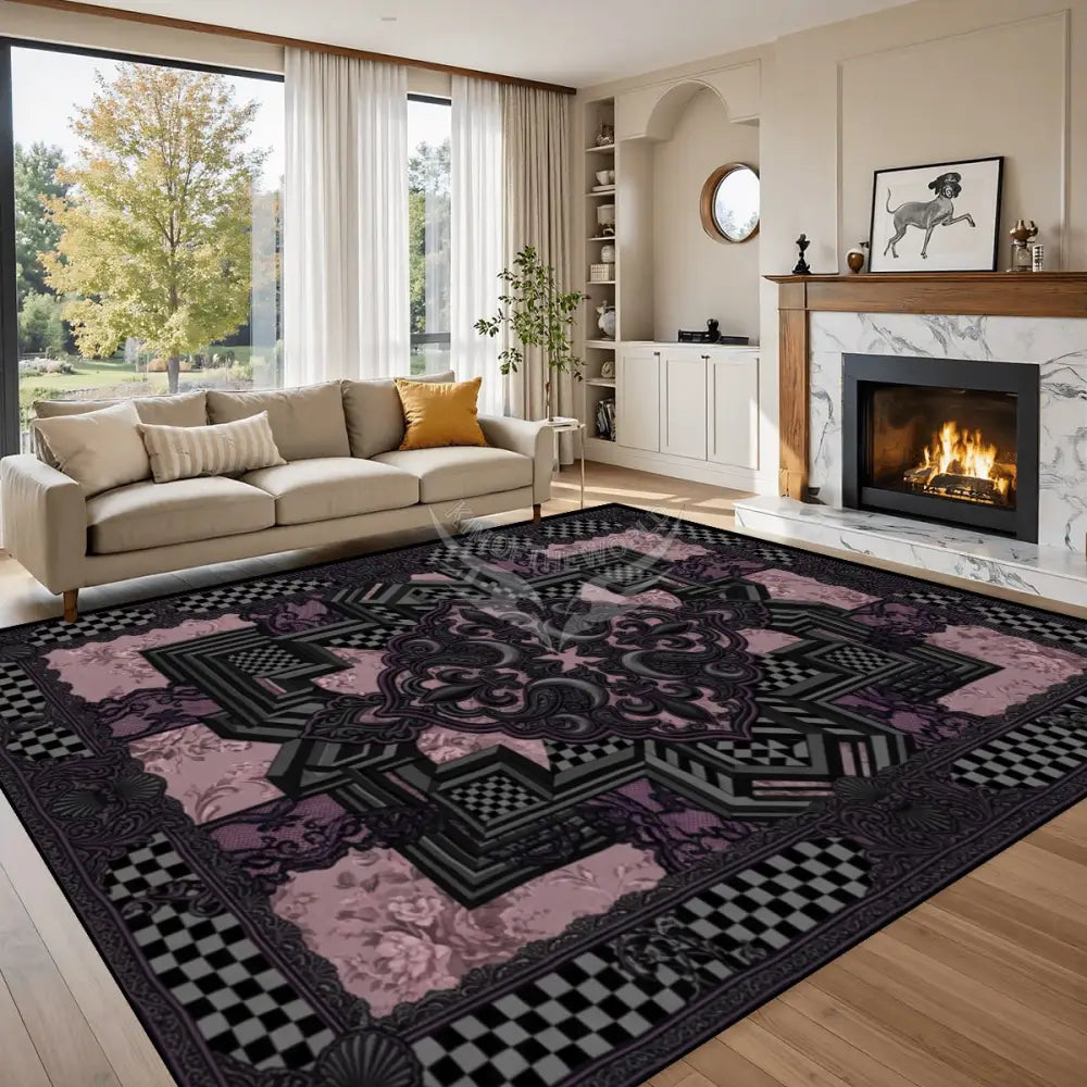 Black Lace and Pink Floral 3D Patch Checkerboard 10 ft x 8 ft Large Area Rug Floor Carpet 120’’x96’’ Rugs & Mats