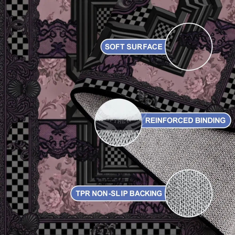 Black Lace and Pink Floral 3D Patch Checkerboard 10 ft x 8 ft Large Area Rug Floor Carpet 120’’x96’’ Rugs & Mats