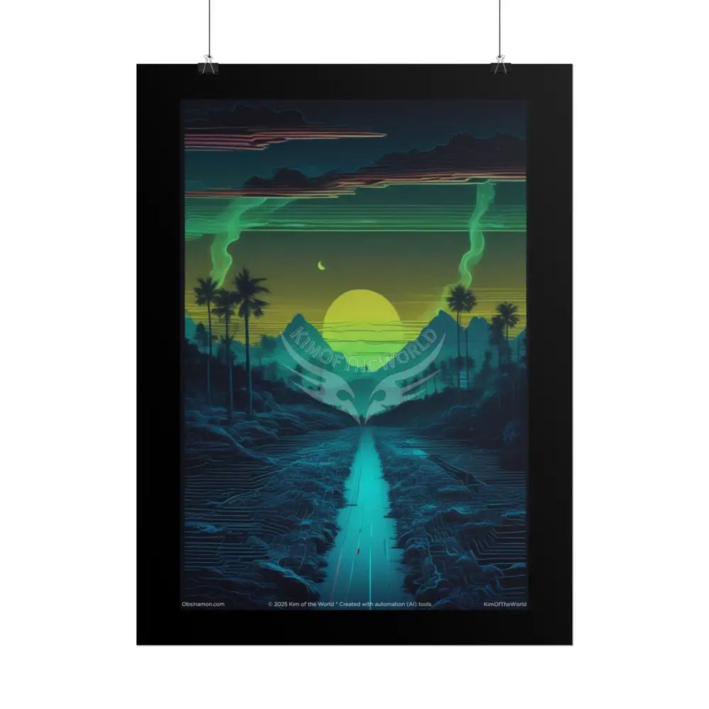 Blue & Green Vaporwave Landscapes Art Prints (Wave-Line Scenic Series) Rolled Posters Poster