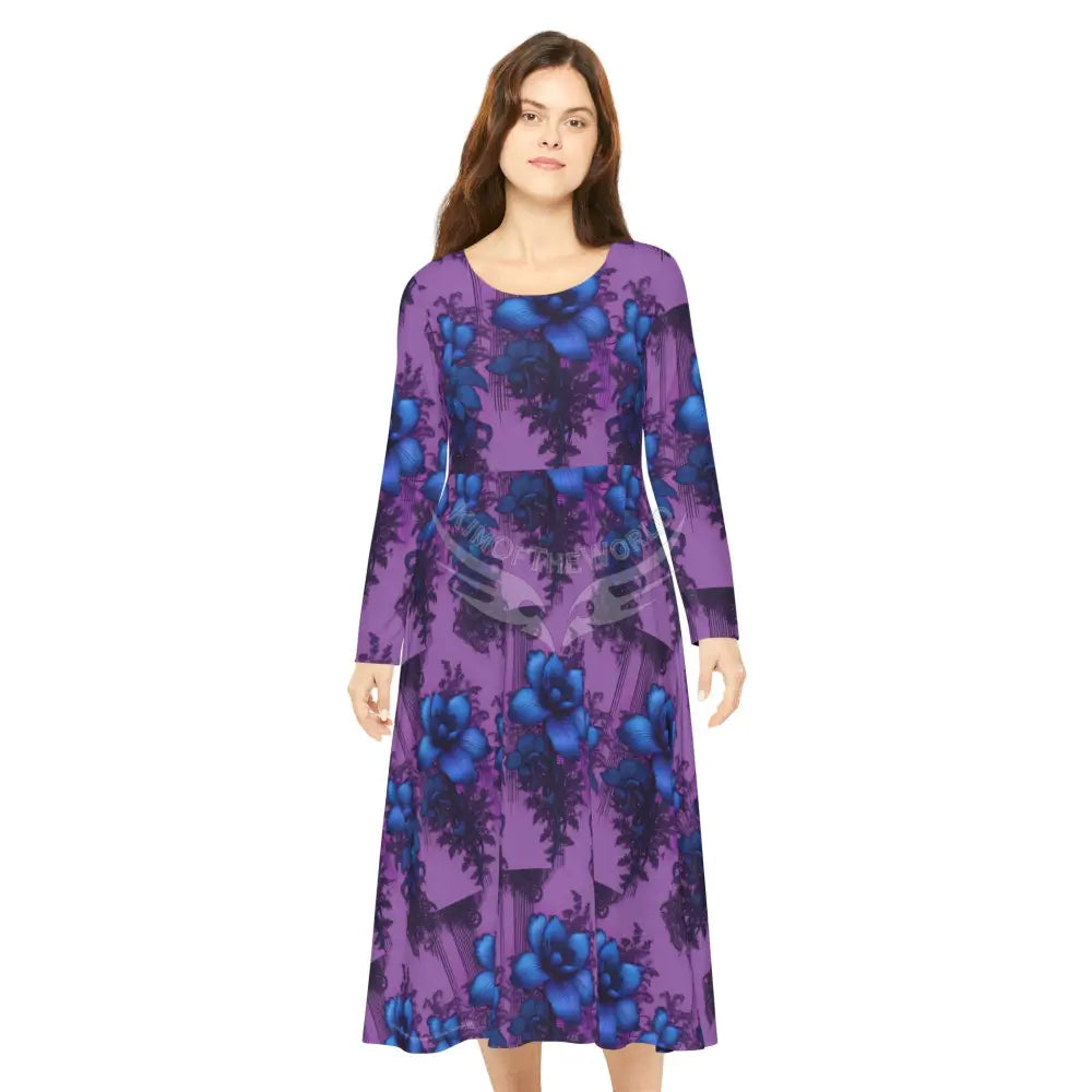 Blue Rose on Pink Wallpaper Print Dress – Women’s Long Sleeve AOP L All Over Prints