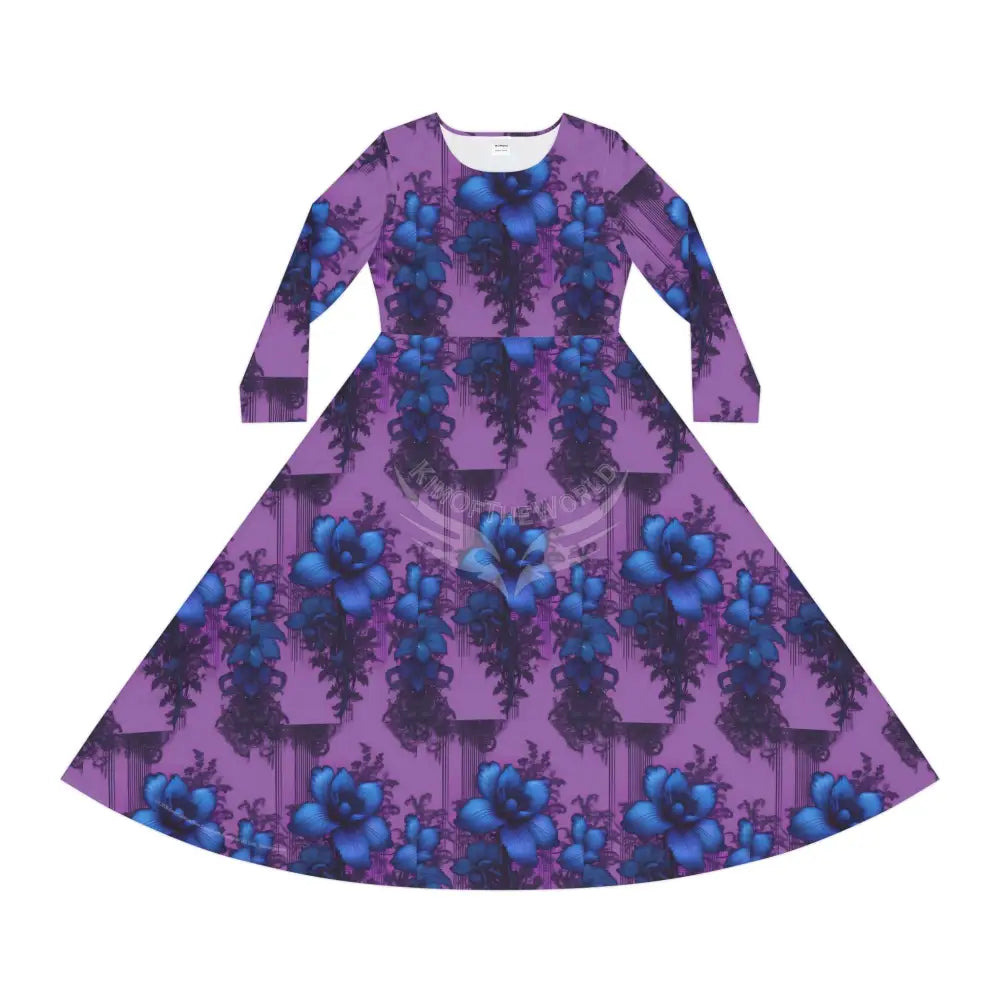 Blue Rose on Pink Wallpaper Print Dress – Women’s Long Sleeve AOP L All Over Prints