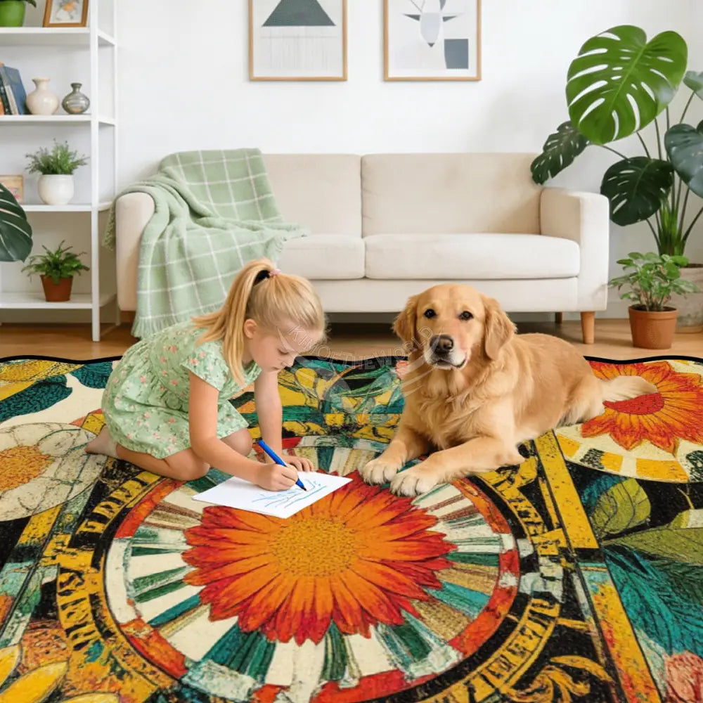 Bright Floral Abstract Scalloped Area Rug 120’’x96’’ 120’’x96’’ Rugs & Mats