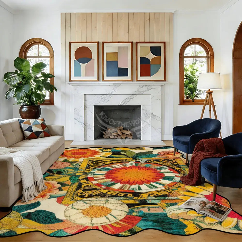 Bright Floral Abstract Scalloped Area Rug 120’’x96’’ 120’’x96’’ Rugs & Mats