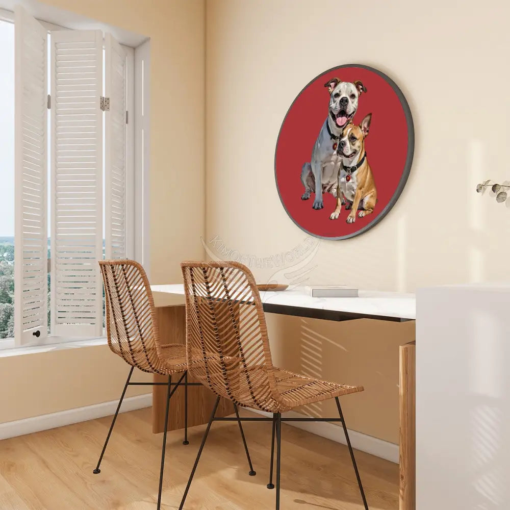 Bull Dogs on Scarlet - Large Round Framed Canvas Prints Wall Art 36’’ 32’’ Wall Art
