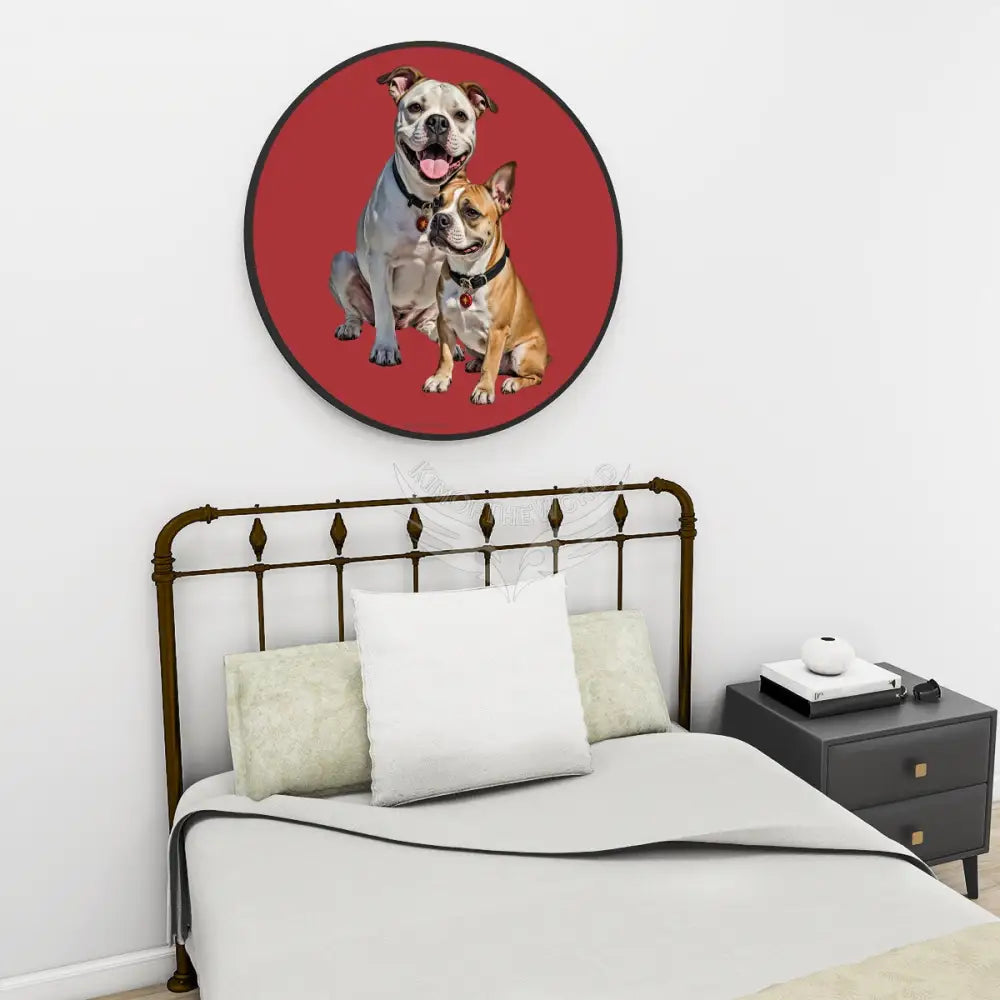 Bull Dogs on Scarlet - Large Round Framed Canvas Prints Wall Art 36’’ 32’’ Wall Art