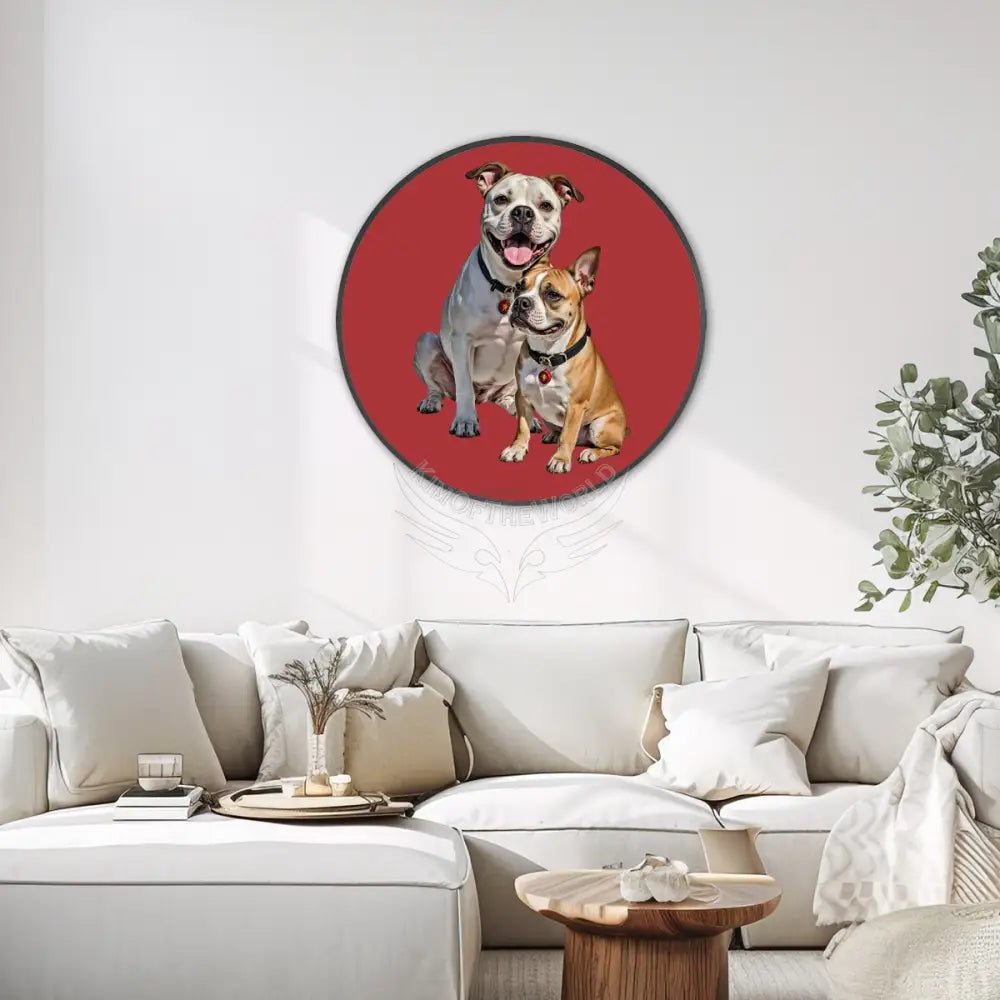 Bull Dogs on Scarlet - Large Round Framed Canvas Prints Wall Art 36’’ 32’’ Wall Art