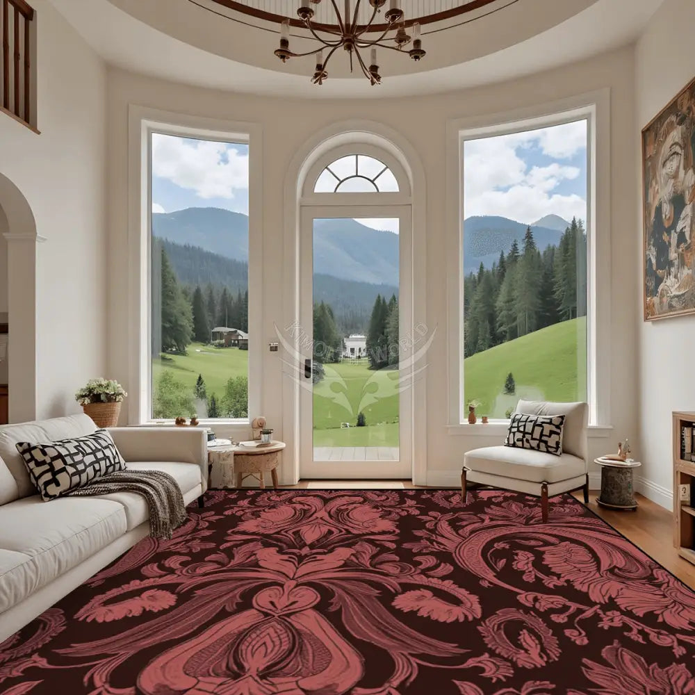 Burgundy and Rust Red Damask Print Large Area Rug Floor Carpet 10 ft x 12 ft (Ratio 4:3) 144’’x108’’ Rugs & Mats
