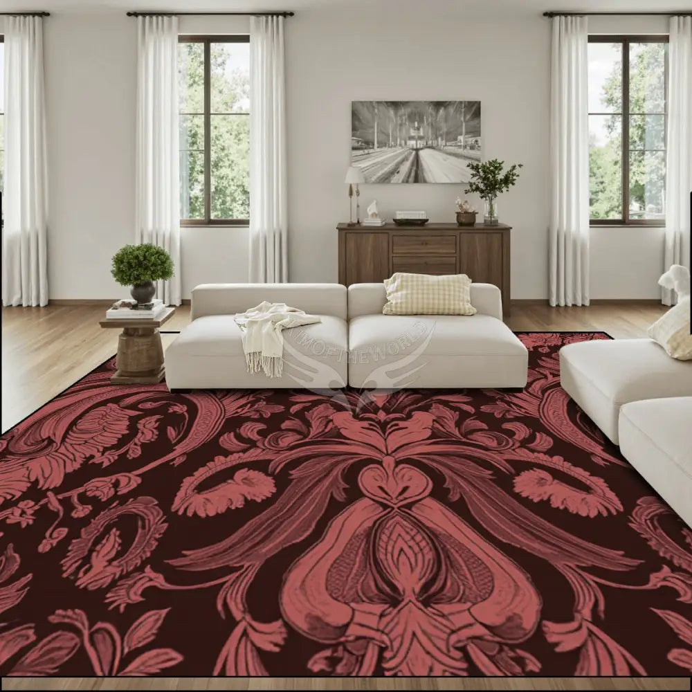 Burgundy and Rust Red Damask Print Large Area Rug Floor Carpet 10 ft x 12 ft (Ratio 4:3) 144’’x108’’ Rugs & Mats