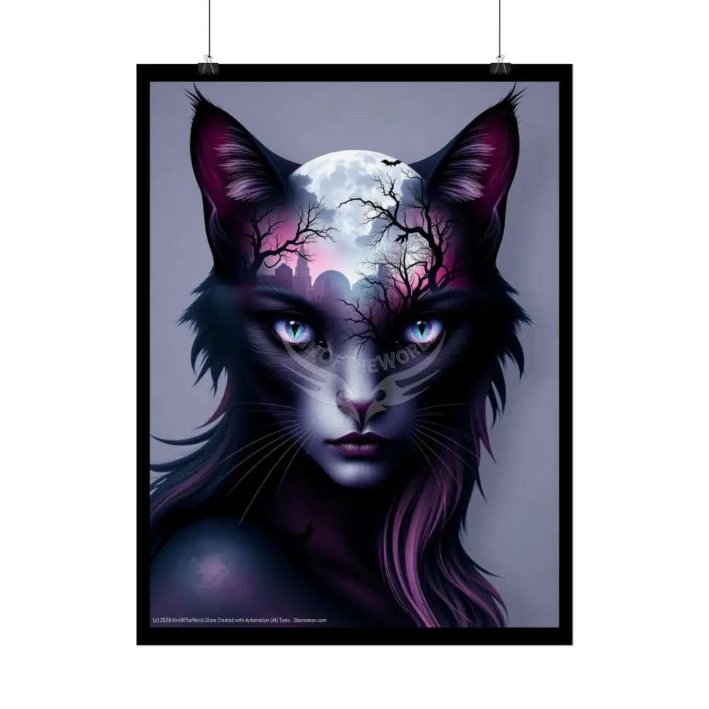 Cat Double Exposure Colorful Surreal Faces & Fantasy Landscapes Art Poster Poster