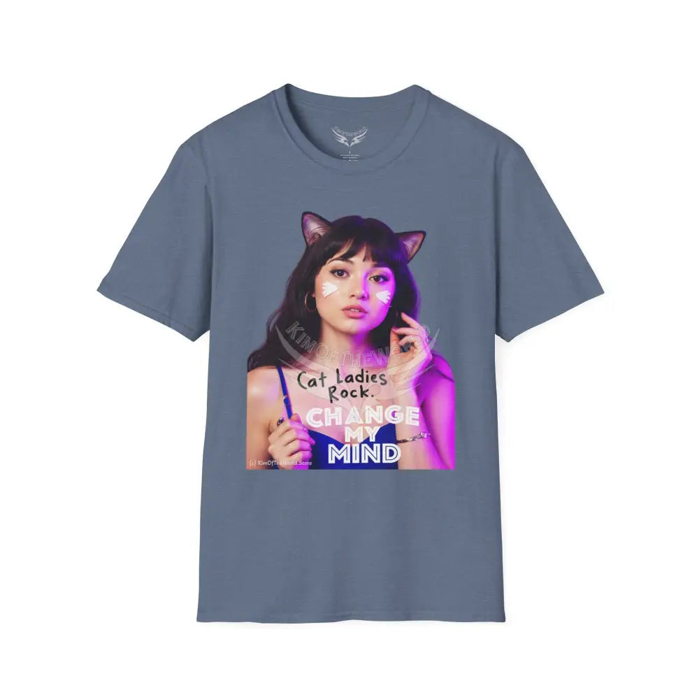 ’Cat Ladies Rock - Change My Mind’ Cat Lady Kitty Parent Tee - Softstyle T-Shirt Heather Indigo / S T-Shirt