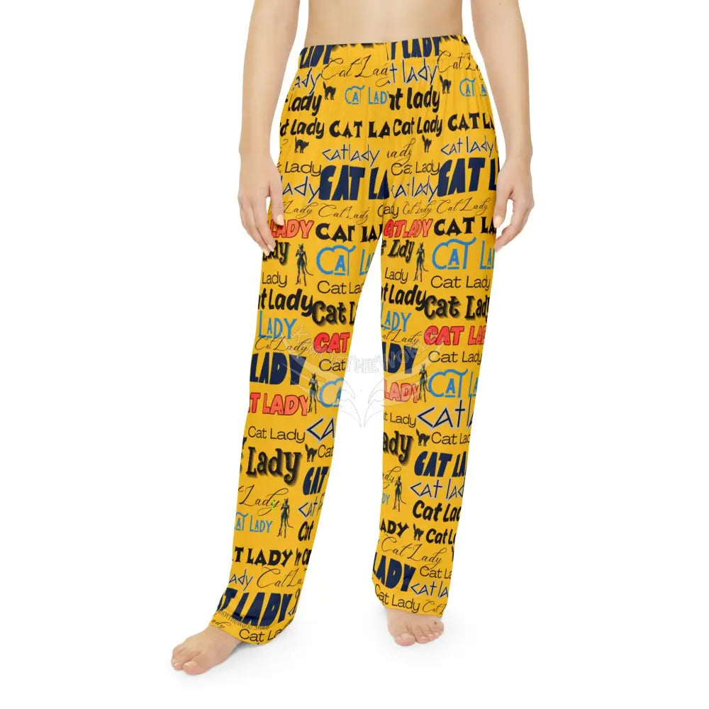 ’Cat Lady’ All Over Print Pajama Pants — Yellow All-Over Print Cozy Lounge Sleepwear L All Over Prints