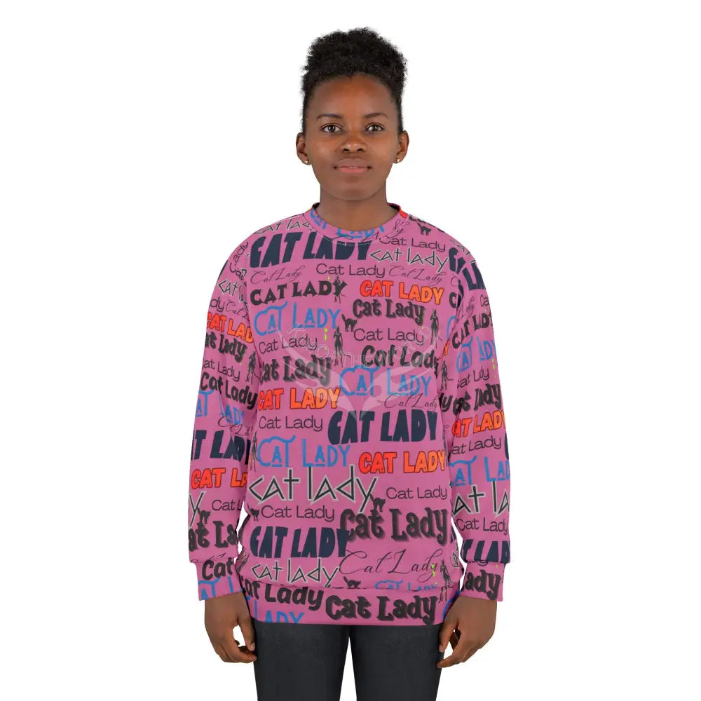 ’Cat Lady’ All-Over Print Sweatshirt — Pink Patterned Cozy Pullover for Cat Lovers L All Over Prints