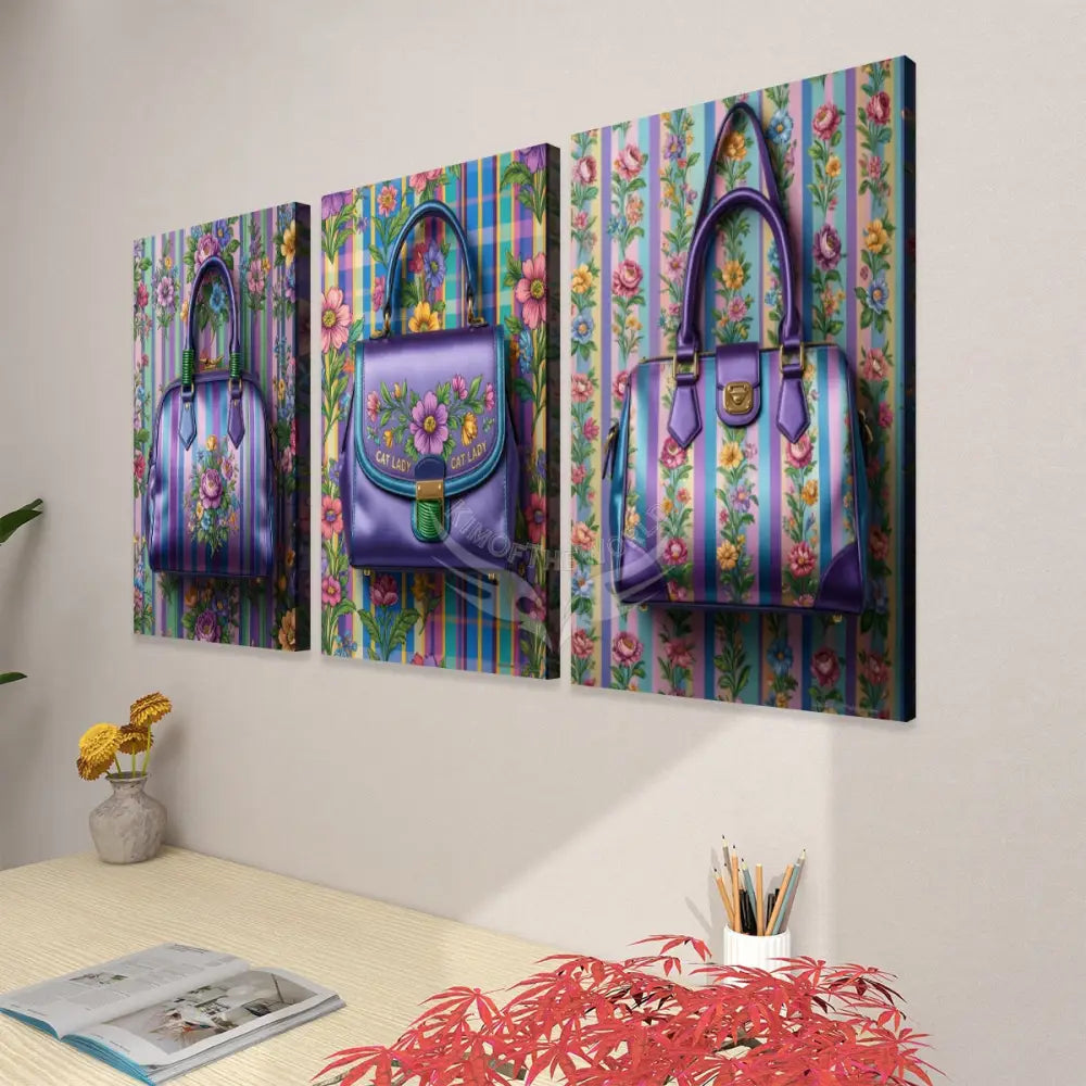 ’Cat Lady’ Floral Bag and Wallpaper Panels Canvas Prints Wall Art (Set F) 20’’x32’’x3pcs Wall Art