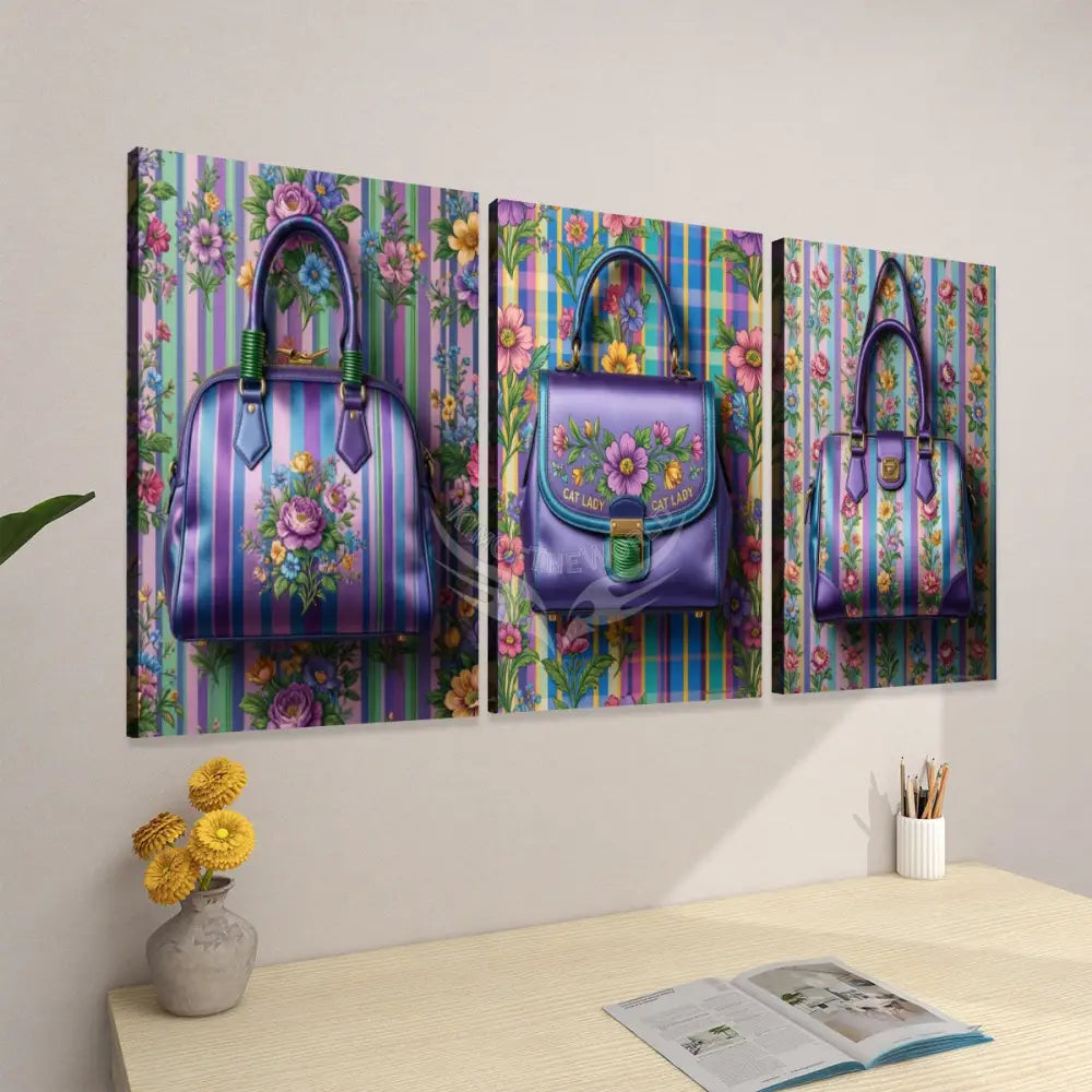’Cat Lady’ Floral Bag and Wallpaper Panels Canvas Prints Wall Art (Set F) 20’’x32’’x3pcs Wall Art