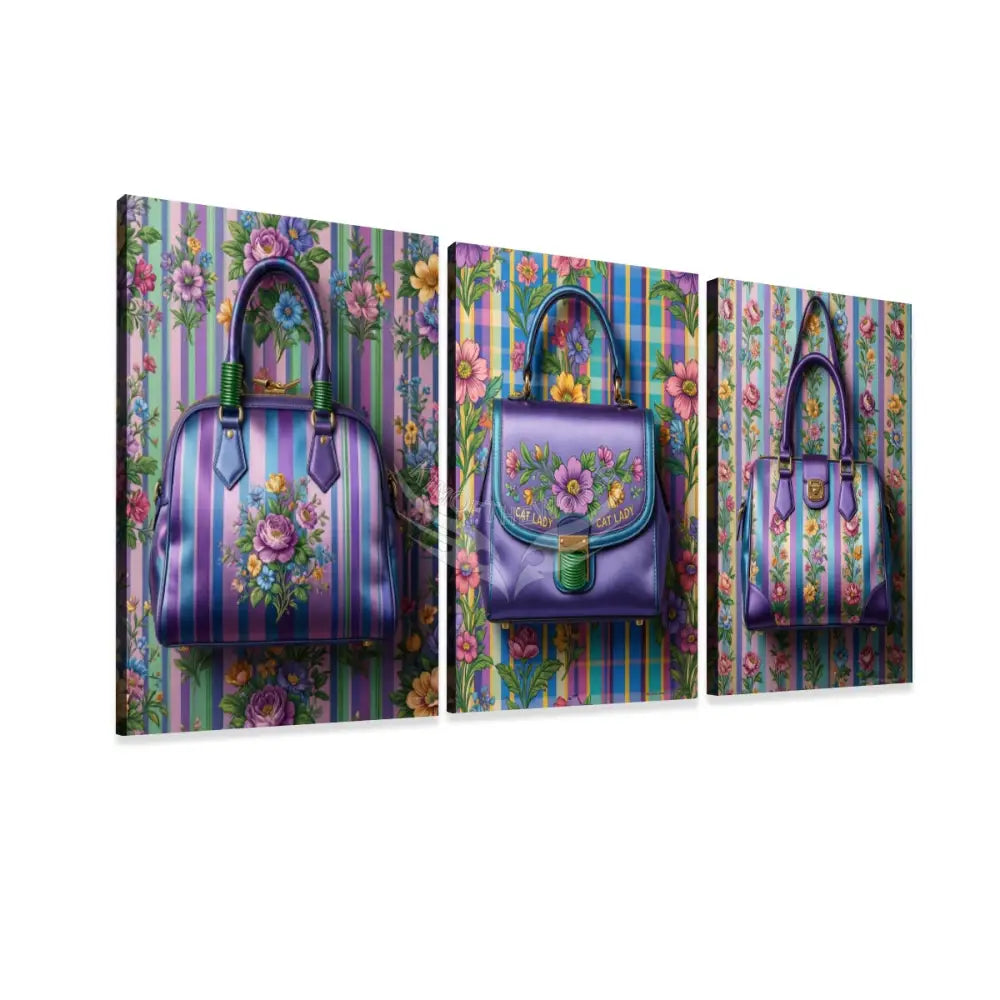 ’Cat Lady’ Floral Bag and Wallpaper Panels Canvas Prints Wall Art (Set F) 20’’x32’’x3pcs Wall Art