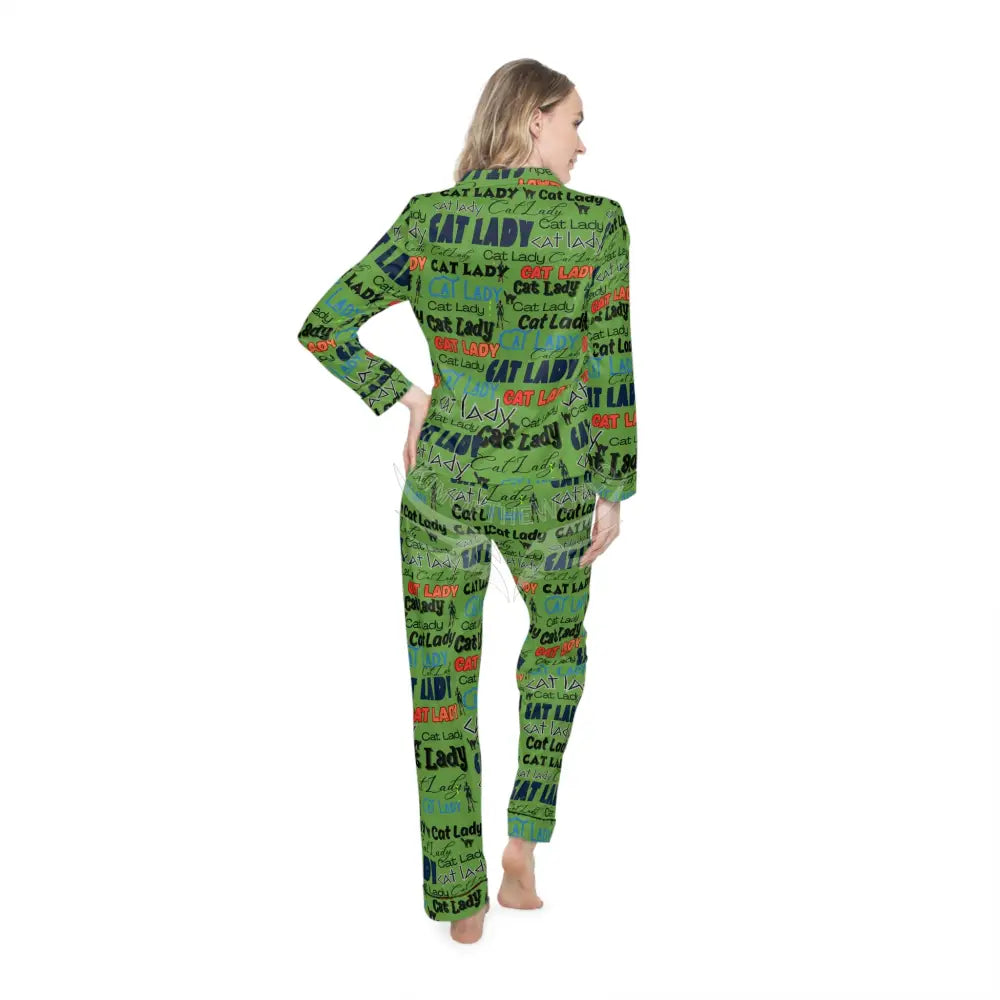 ’Cat Lady’ Green Satin Print Women’s Pajamas — Luxe Silk-Look Sleep Set M/L / Black All Over Prints