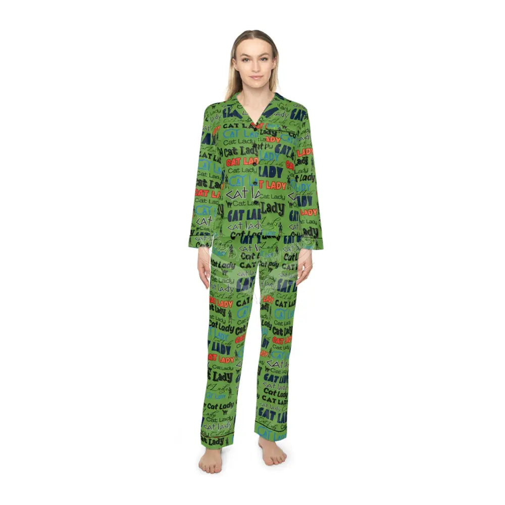 ’Cat Lady’ Green Satin Print Women’s Pajamas — Luxe Silk-Look Sleep Set M/L / Black All Over Prints