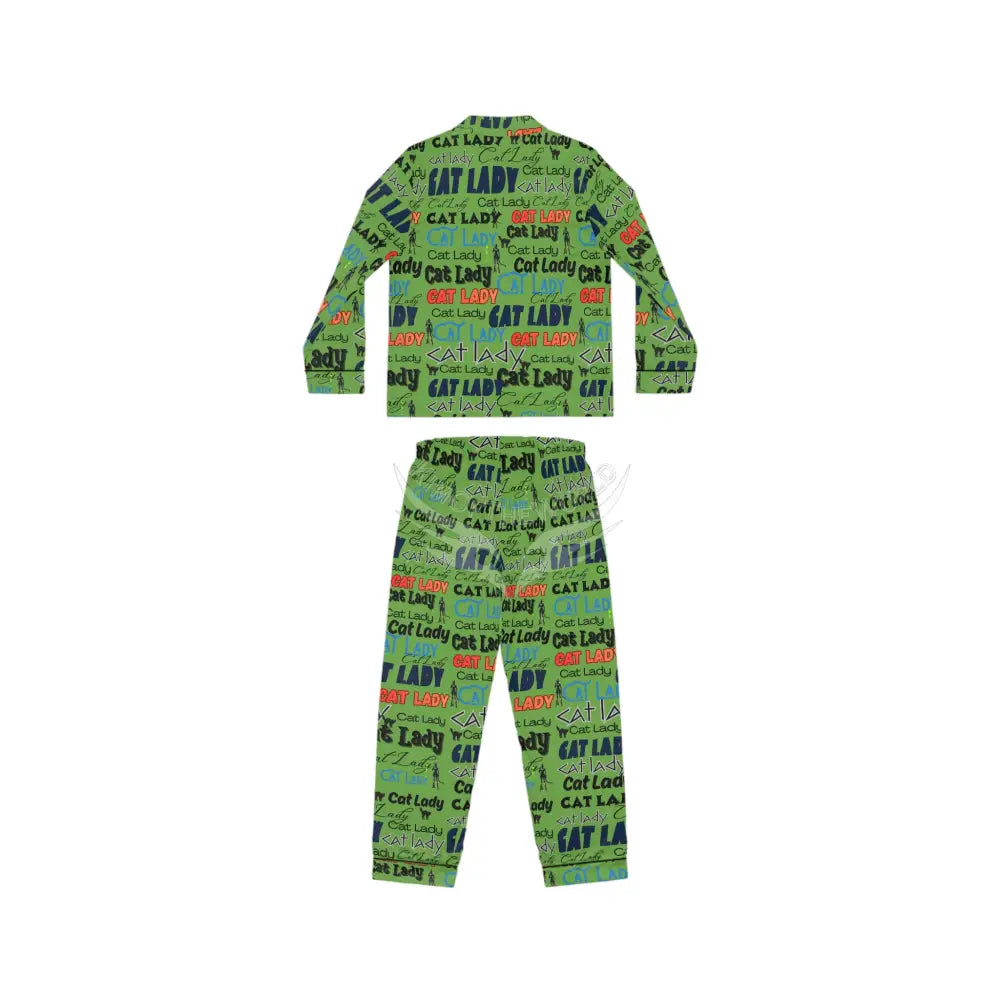 ’Cat Lady’ Green Satin Print Women’s Pajamas — Luxe Silk-Look Sleep Set M/L / Black All Over Prints
