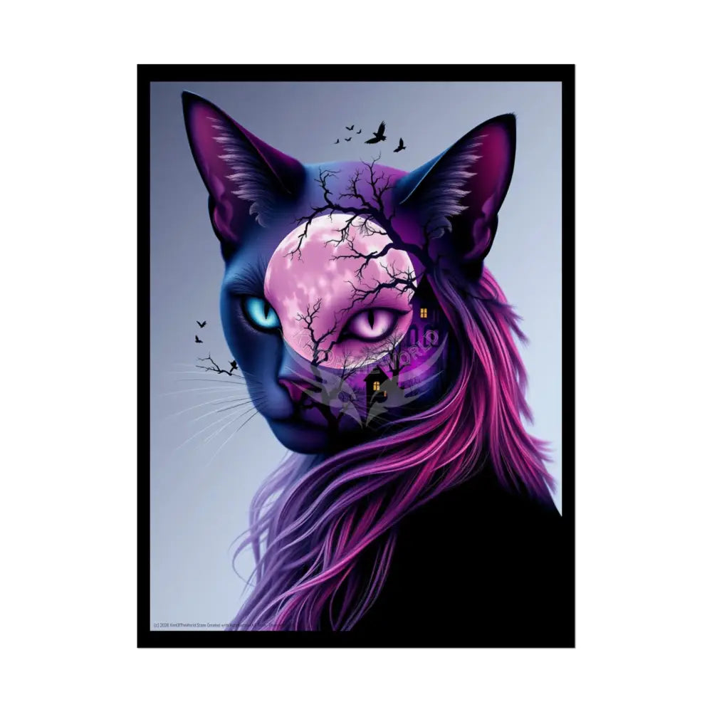 Cat Lady Meow Trippy 3D Double Exposure Floral Gothic Scene - Rolled Poster 18″ x 24″ (Vertical) / Semi Glossy Poster