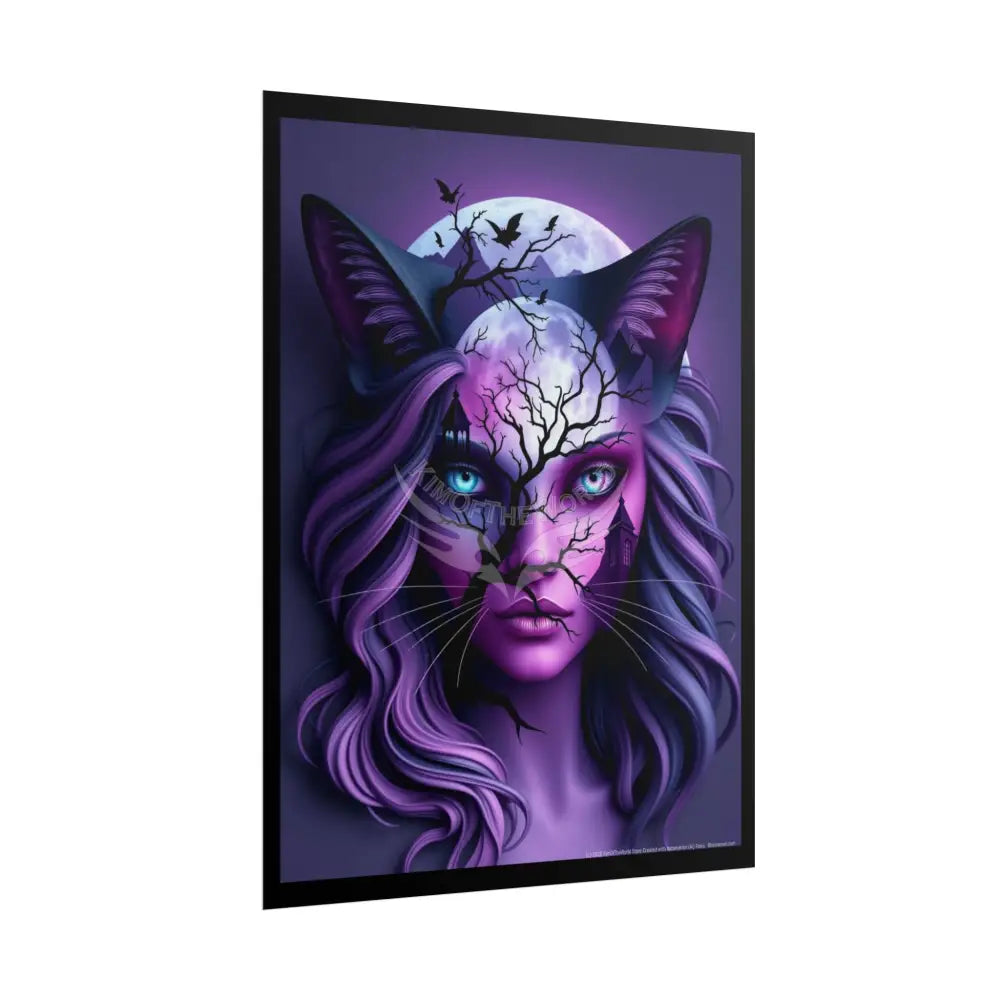 Cat Lady Meow Trippy 3D Double Exposure Floral Gothic Scene - Rolled Poster Poster