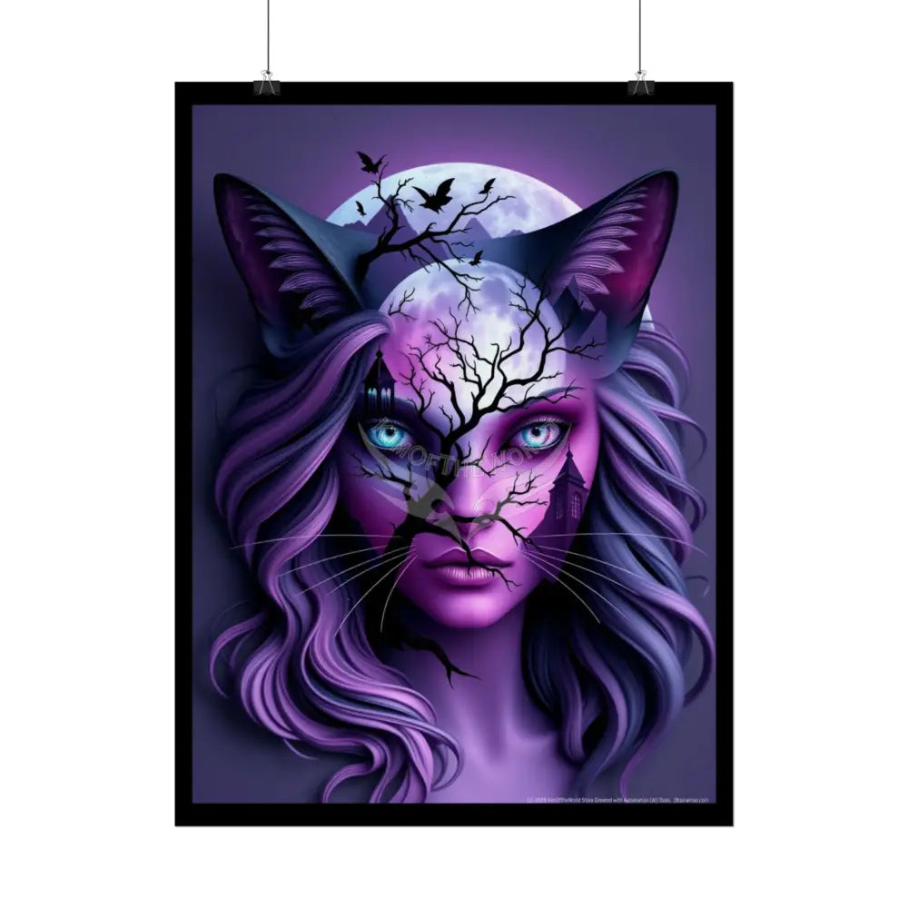 Cat Lady Meow Trippy 3D Double Exposure Floral Gothic Scene - Rolled Poster Poster