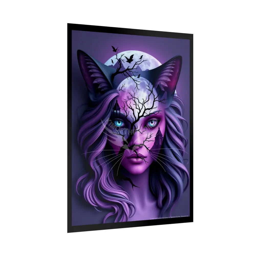 Cat Lady Meow Trippy 3D Double Exposure Floral Gothic Scene - Rolled Poster Poster