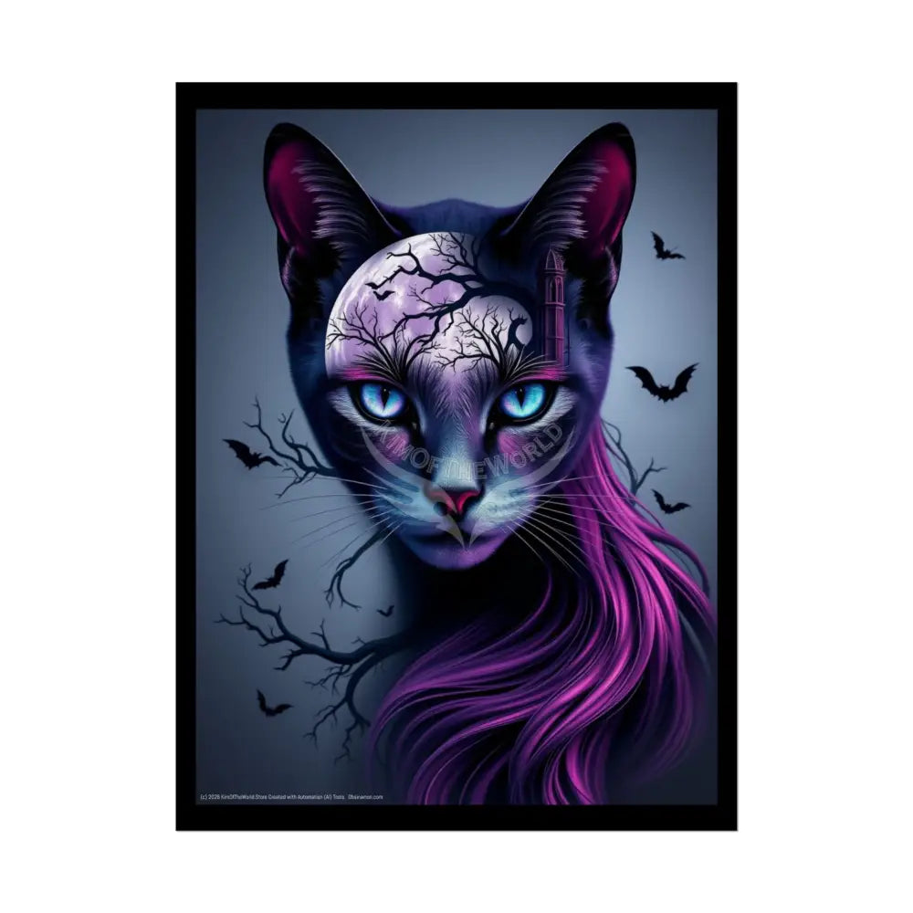 Cat Meow Trippy 3D Double Exposure Floral Gothic Scene - Rolled Poster 18″ x 24″ (Vertical) / Semi Glossy Poster