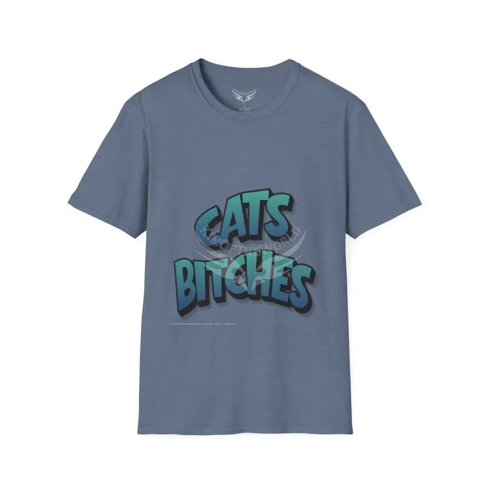 ’Cats Bitches’ Cat Lady Kitty Parent Tee - Softstyle T-Shirt Heather Indigo / S T-Shirt