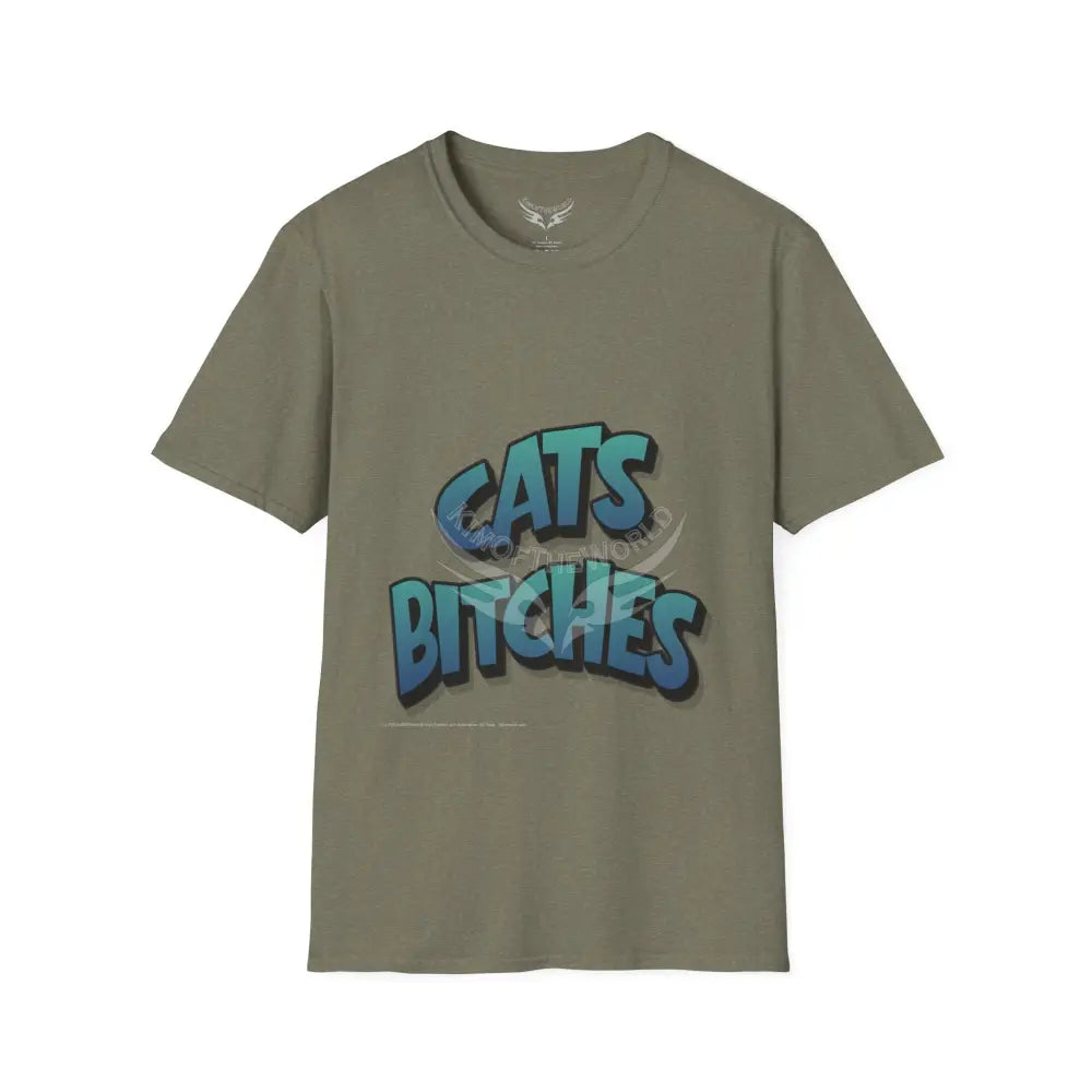 ’Cats Bitches’ Cat Lady Kitty Parent Tee - Softstyle T-Shirt Heather Military Green / S T-Shirt