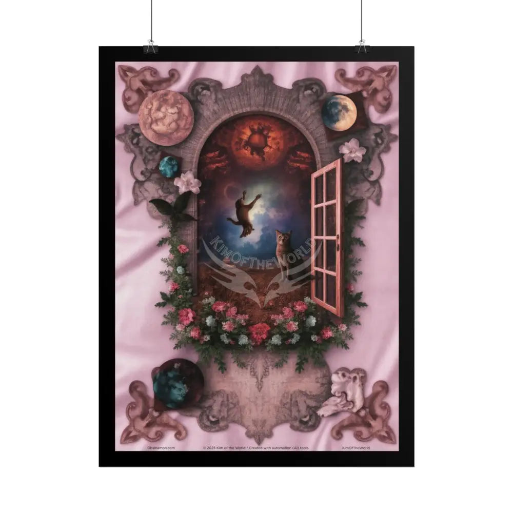 Celestial Gothic Magic Pink Kitty Cat Mashup Floral Art Poster — Surreal Blender Sculpture Print Poster