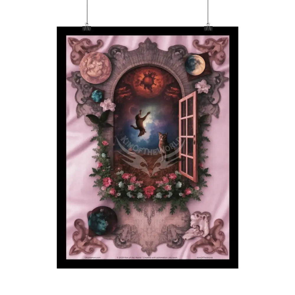 Celestial Gothic Magic Pink Kitty Cat Mashup Floral Art Poster — Surreal Blender Sculpture Print Poster