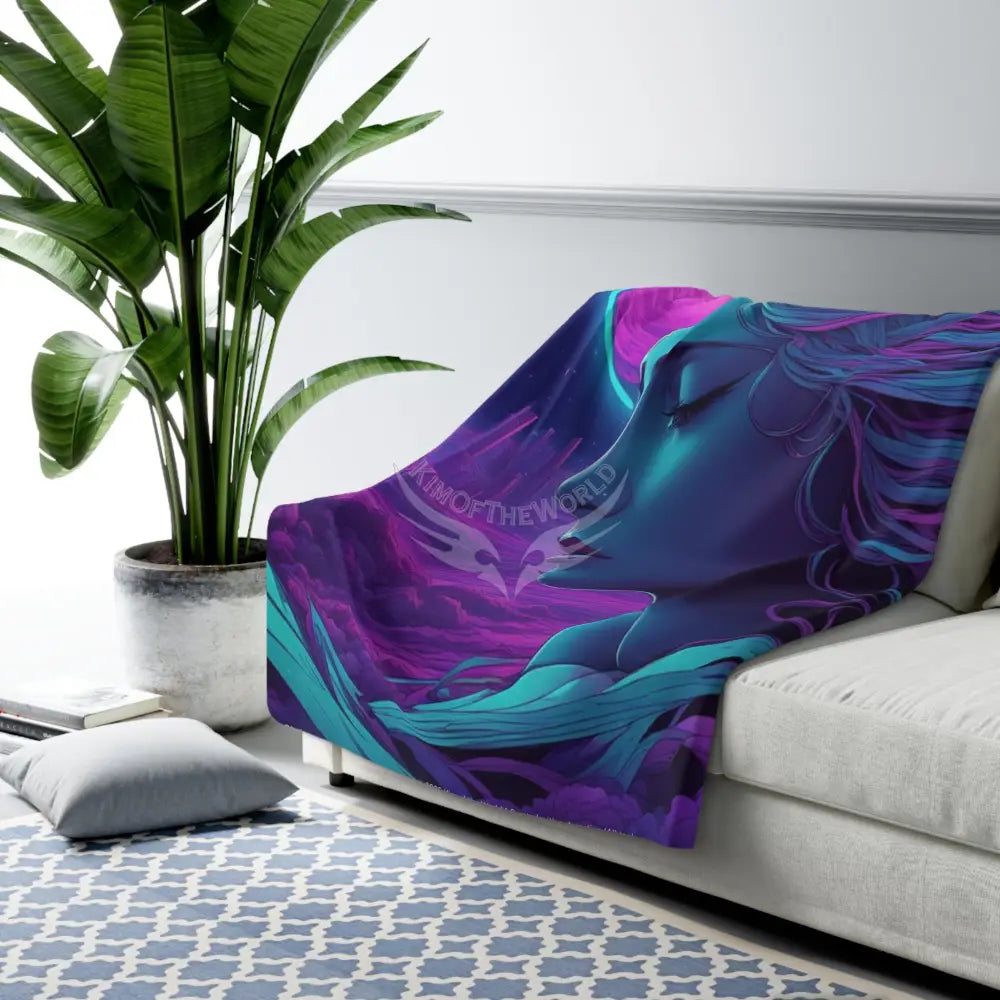 Celestial Vaporwave Lady Dreamscape Sherpa Blanket — Neon Moon Goddess Throw 60’’ × 80’’ Home Decor