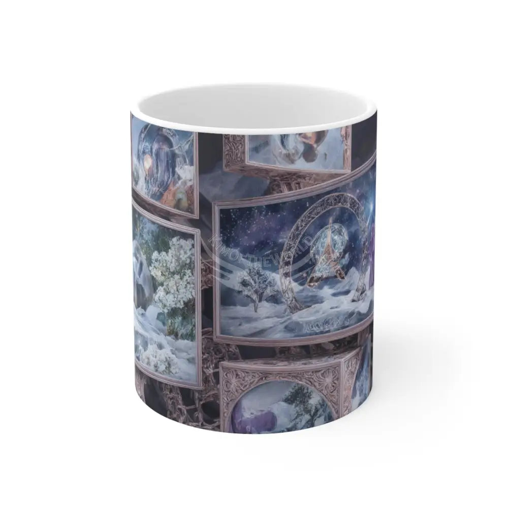 Celestial Winter Snow Globe Mug — 11oz Fantasy Nightscape Ceramic Coffee Cup 11oz Mug
