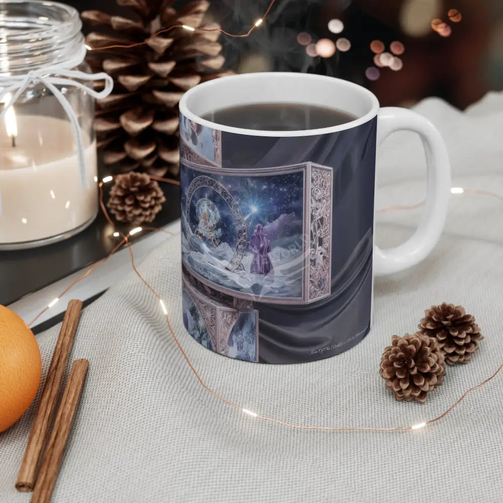 Celestial Winter Snow Globe Mug — 11oz Fantasy Nightscape Ceramic Coffee Cup 11oz Mug