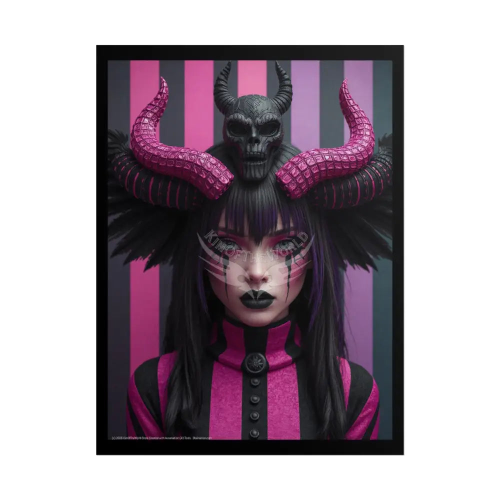 Characters - Vaporwave Trippy Goth Pink & Black Striped Girl Horned 18″ x 24″ (Vertical) / Matte Poster