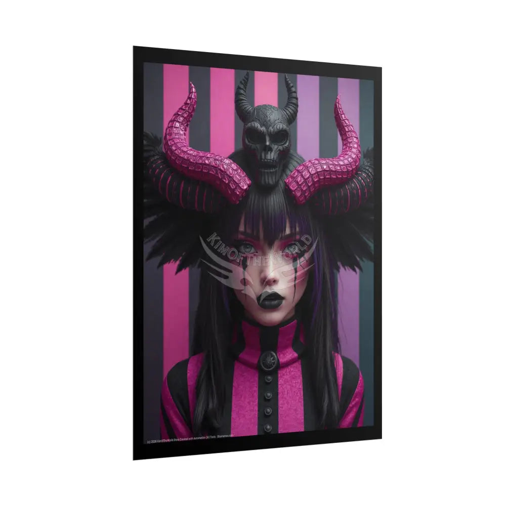 Characters - Vaporwave Trippy Goth Pink & Black Striped Girl Horned Poster