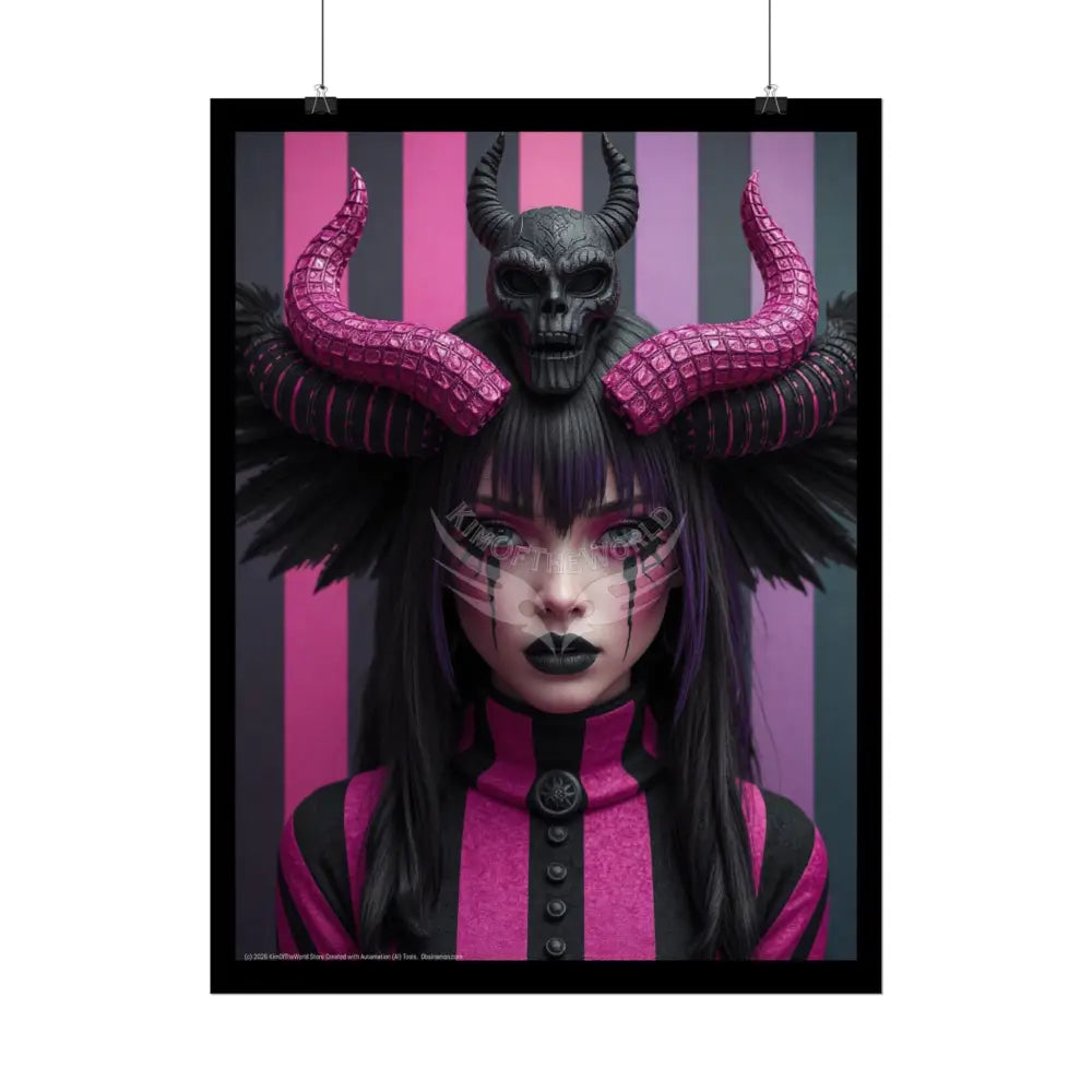 Characters - Vaporwave Trippy Goth Pink & Black Striped Girl Horned Poster