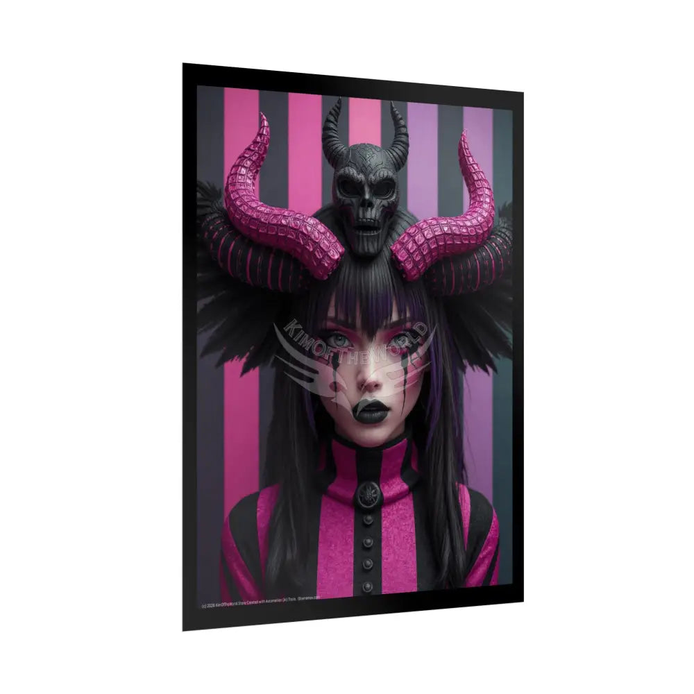 Characters - Vaporwave Trippy Goth Pink & Black Striped Girl Horned Poster