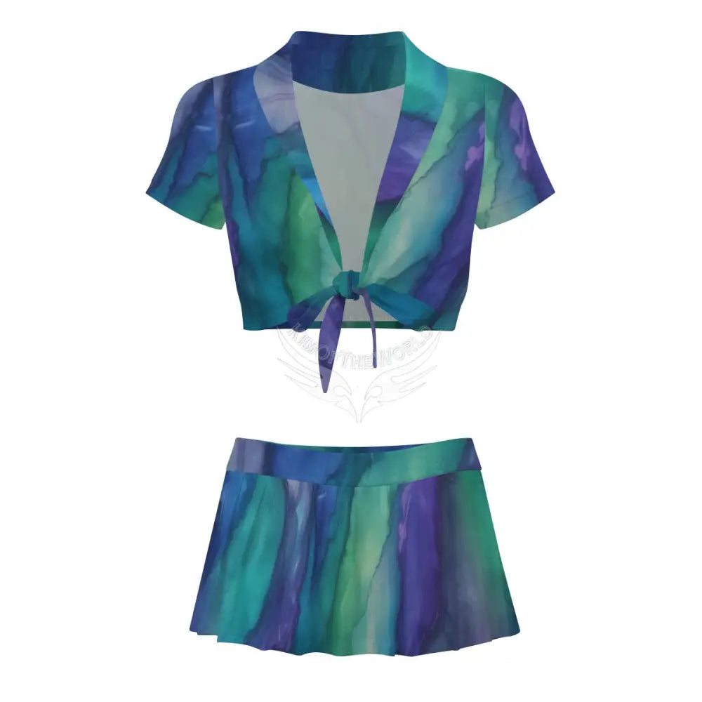 Cheerleading Uniform Set - Blue and Green Leaf Design - Women’s Skirts & Dresses