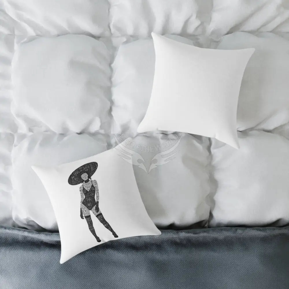 Chic Monochrome Woman Silhouette ’No Label’ Body Lettering Print Square Throw Pillow 16’’ × 16’’ Home Decor