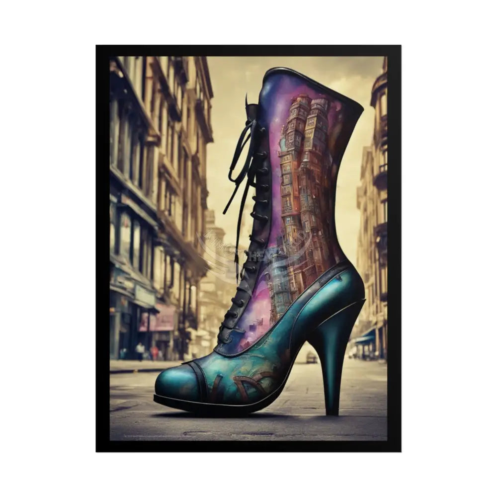 City Scape Print Giant High Heel Shoe - Clean Fetish Boot Feet Shoe High Heel Art Print Poster - Red 18″ x 24″