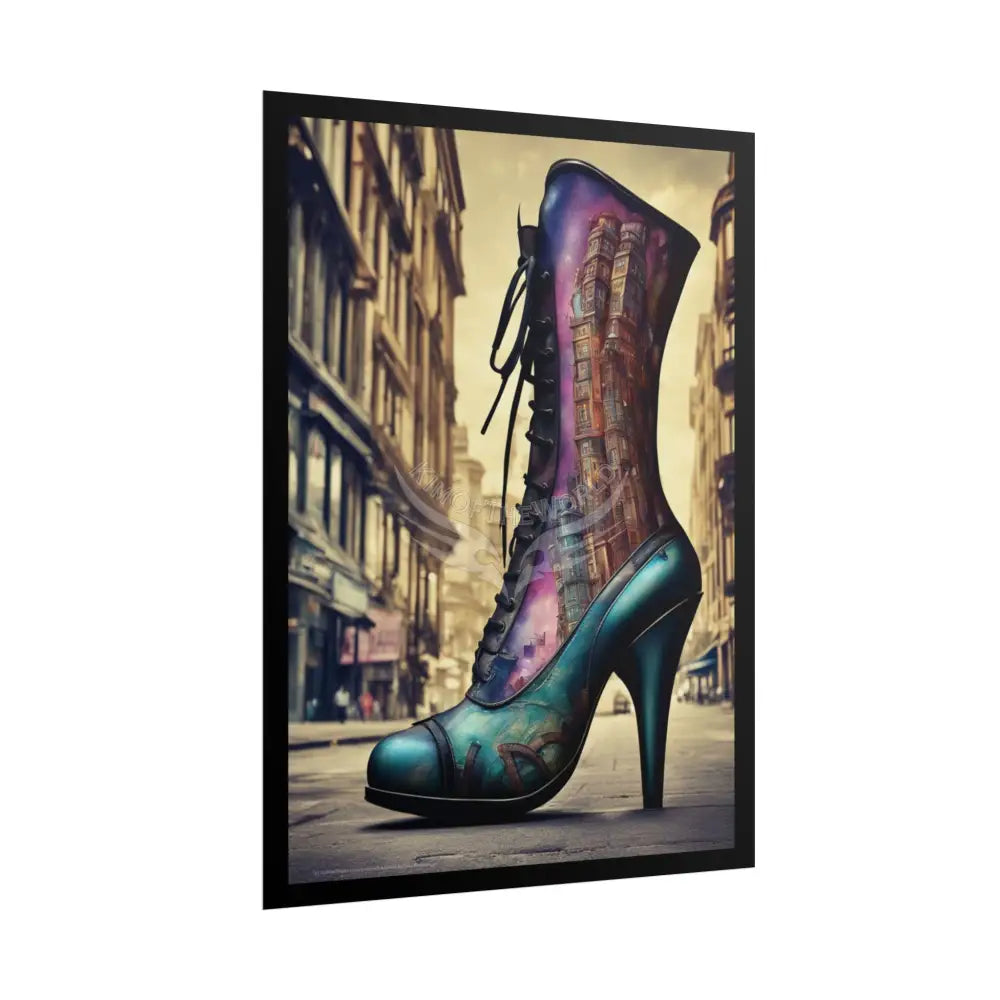 City Scape Print Giant High Heel Shoe - Clean Fetish Boot Feet Shoe High Heel Art Print Poster - Red Poster