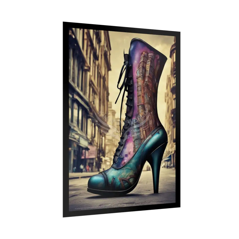 City Scape Print Giant High Heel Shoe - Clean Fetish Boot Feet Shoe High Heel Art Print Poster - Red Poster