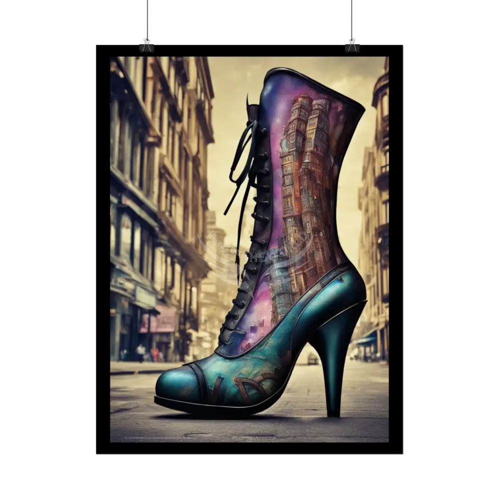 City Scape Print Giant High Heel Shoe - Clean Fetish Boot Feet Shoe High Heel Art Print Poster - Red Poster