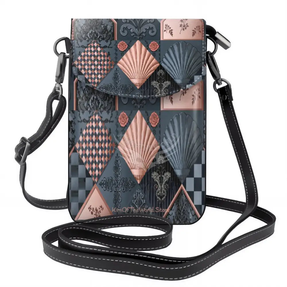 Crossbody Cell Phone Purse - 3D Diamond Shells Teal and Rose Gold One Size Satchel