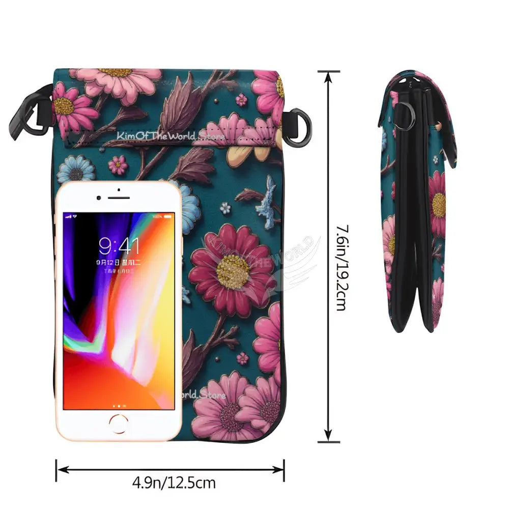Crossbody Cell Phone Purse - 3D Vibrant Floral on Dark Teal One Size Satchel