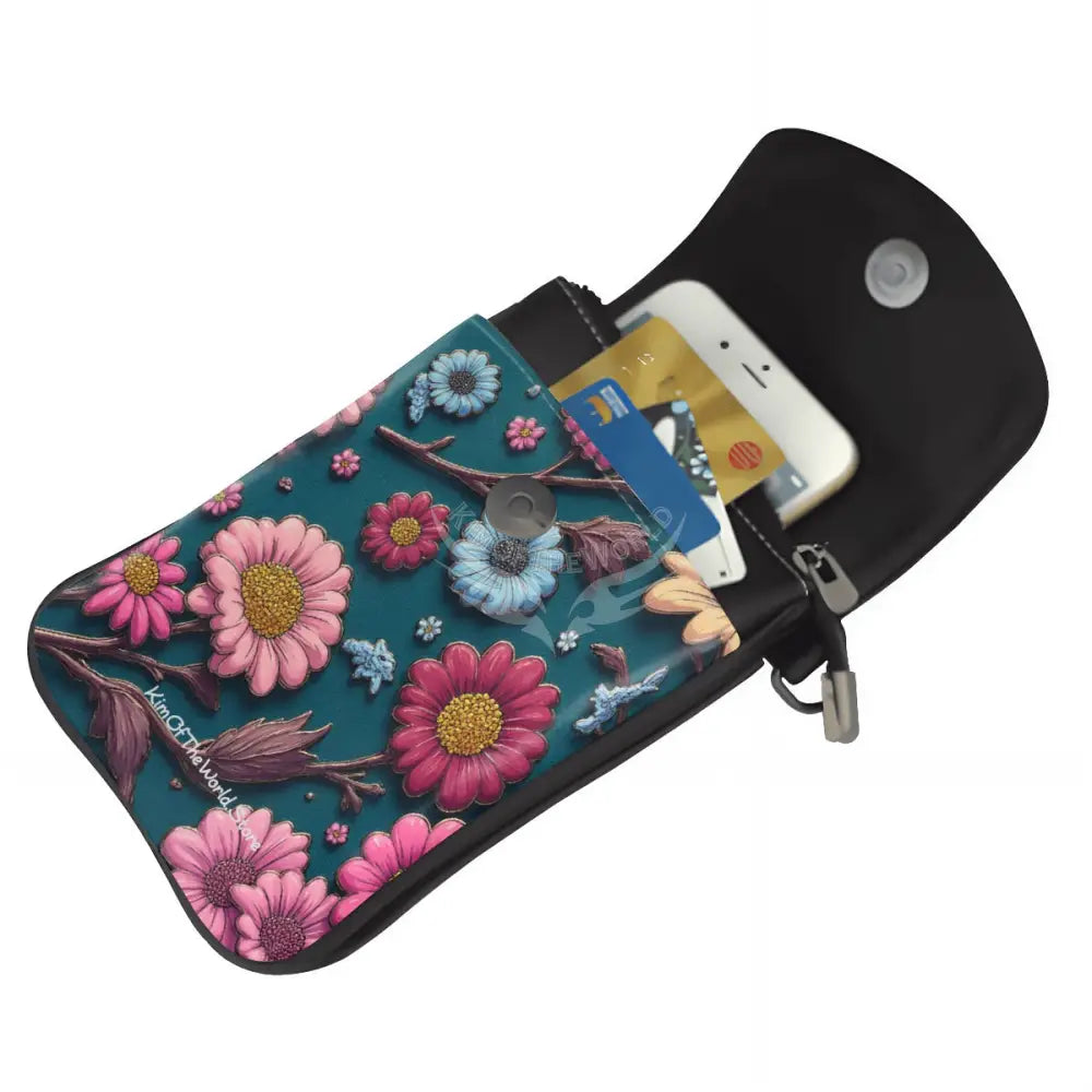 Crossbody Cell Phone Purse - 3D Vibrant Floral on Dark Teal One Size Satchel