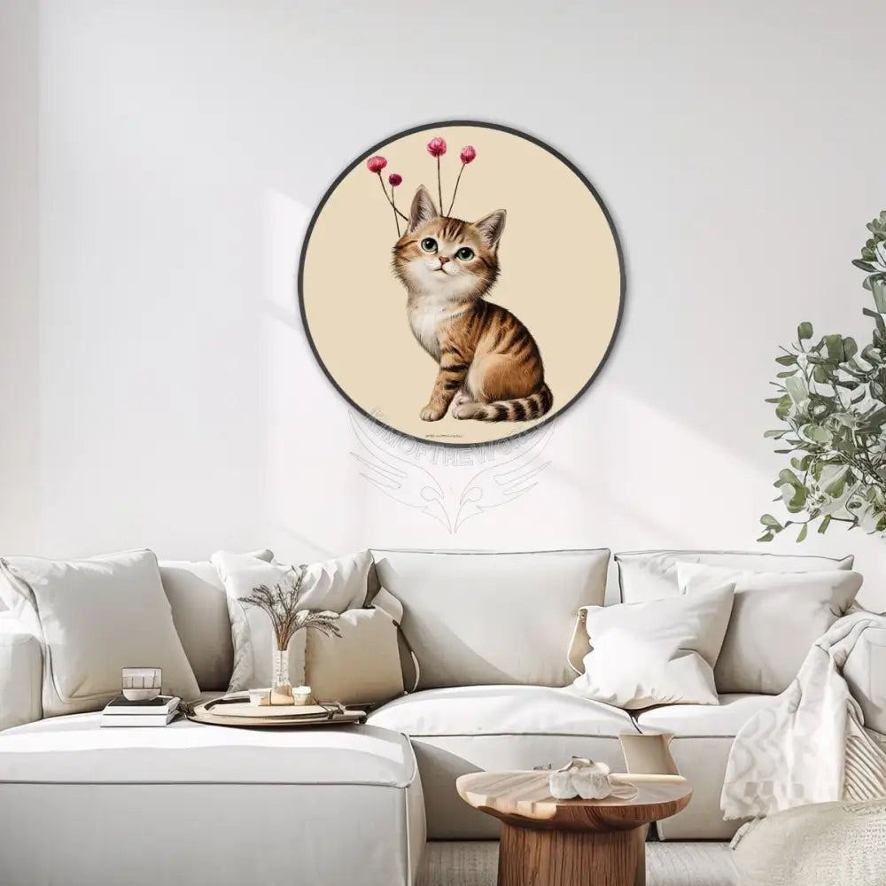 Cute Kitten Art - Large Round Framed Canvas Prints Wall Art 32’’ Wall Art