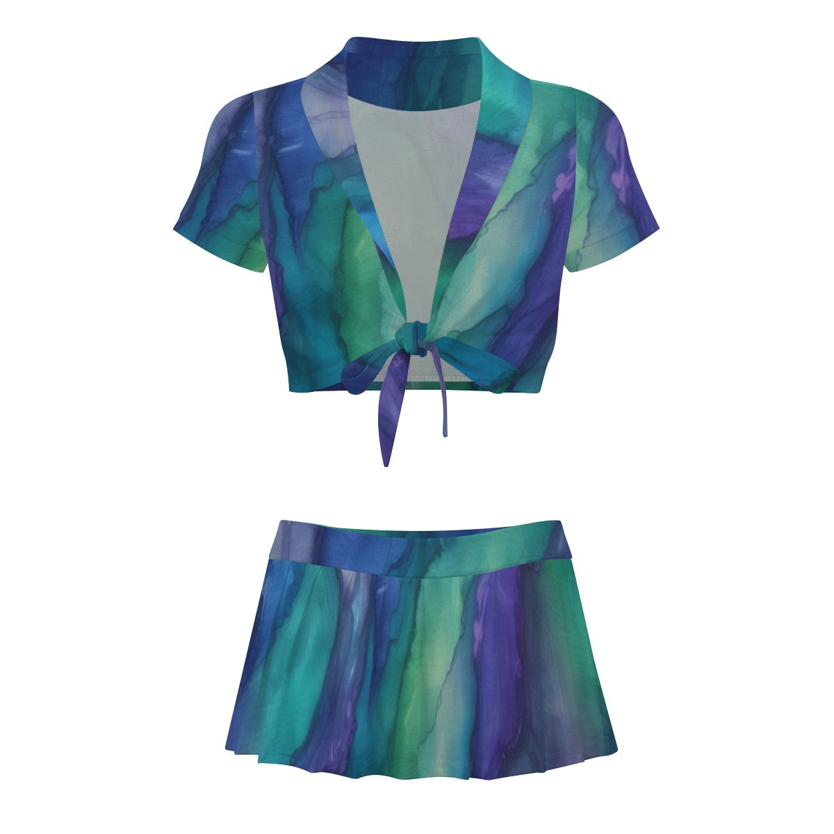 Cheerleading Uniform Set - Blue and Green Leaf Design